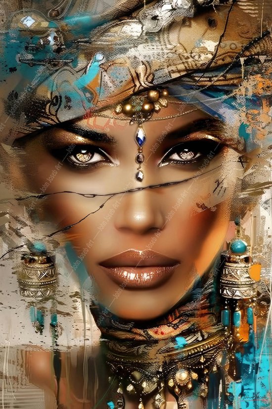 JJ-Art (Glas) 90x60 | Femme avec des bijoux, bijoux, tissu, écharpe, coloré, boho, abstrait, portrait, art | homme. visage, marron, bleu, argent, moderne | Foto-schilderij-glasschilderij-acrylglas-acrylaat-wanddecoratie