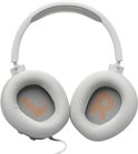 Witte gaming koptelefoon met stoffen oorschelpen, met oranje L en R logo's.
