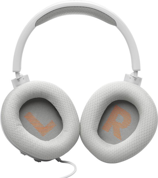 Witte gaming koptelefoon met stoffen oorschelpen, met oranje L en R logo's.