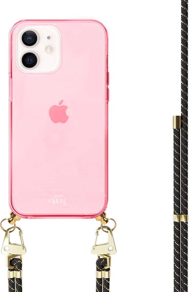 xoxo Wildhearts silicone case met koord - Roze telefoonhoesje met koord - telefoonketting - Gold Goddess - Cord Case - geschikt voor Apple iPhone 12 - Zwart koord met gouden accenten