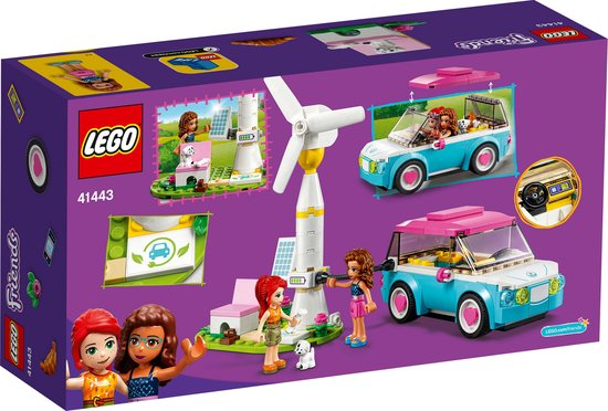 Achterkant LEGO Friends doos met gedetailleerde afbeeldingen van de speelset: auto, windmolen, zonnepanelen, poppen en hondje.
