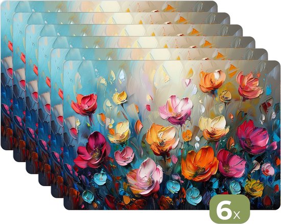 Napperons - 6 pièces - 45x30 cm - Set de table en plastique - Fleurs - Coloré - Abstrait - Peinture - Nature - Assiettes' assiettes - Décoration pour la table - Accessoires de décoration de table de Cuisine - Tapis en Vinyl - Décoration de table