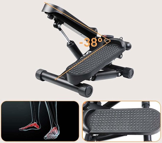 BAKAJI Stepper fitnesstraining cardio benen buik heupen met lcd-display, calorieën, tijd en elastische halters, training, armen, schouders, structuur