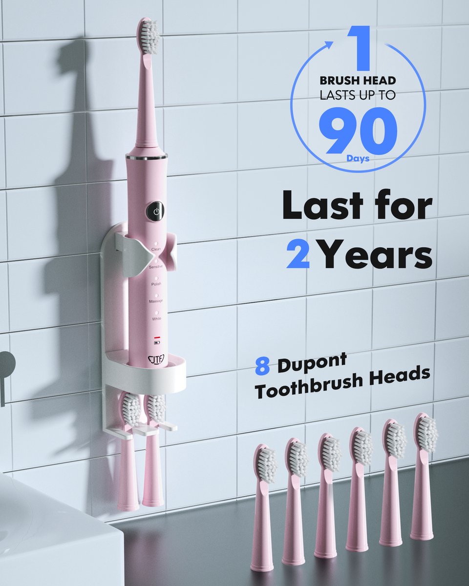 Afbeelding 2 van JTF Sonic J40 elektrische tandenborstel - Roze - Inclusief 6 opzetborstels - USB-C oplaadbaar - Ingebouwde 2 minuten smart timer - 5 poetsstanden