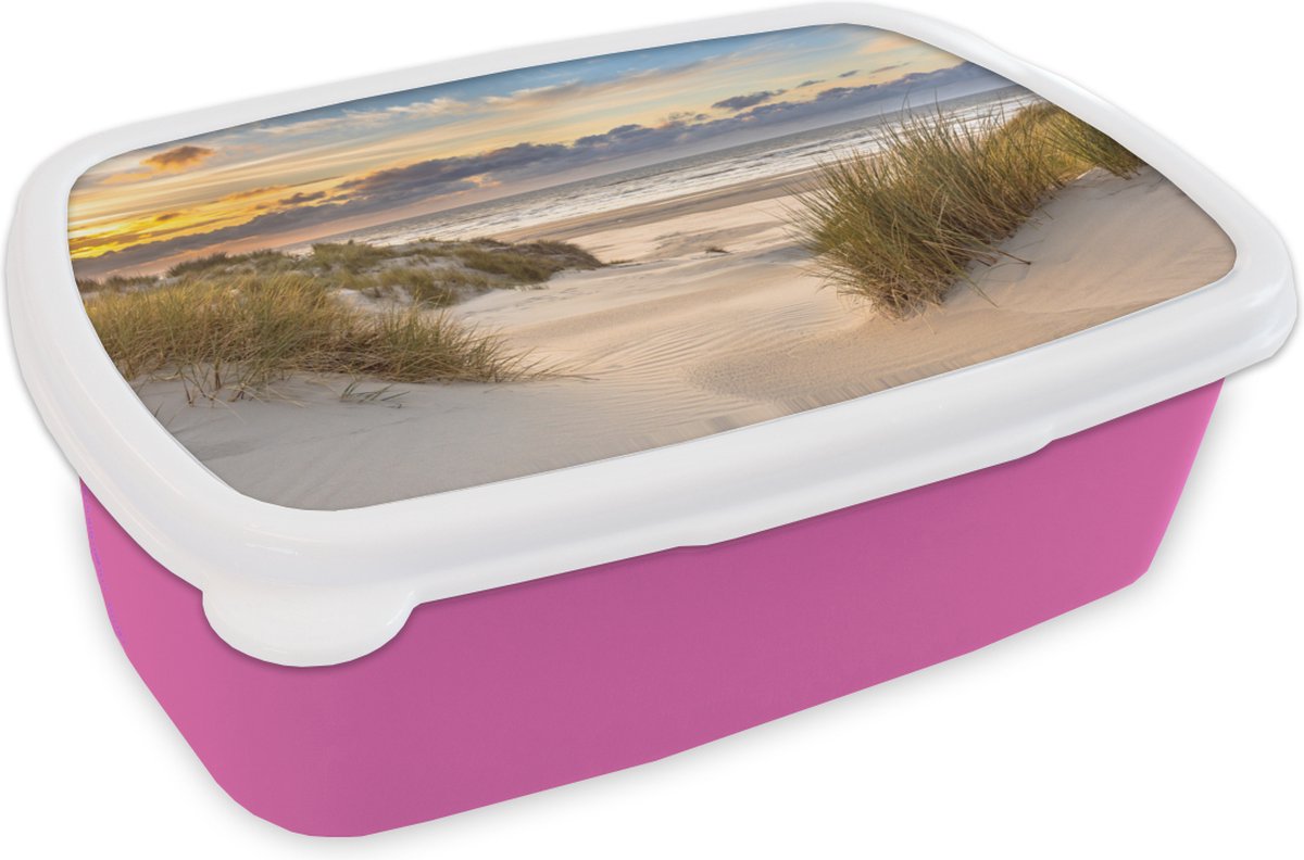 Broodtrommel Roze - Lunchbox Strand - Duin - Gras - Zonsondergang - Zee - Brooddoos 18x12x6 cm - Brood lunch box - Broodtrommels voor kinderen en volwassenen