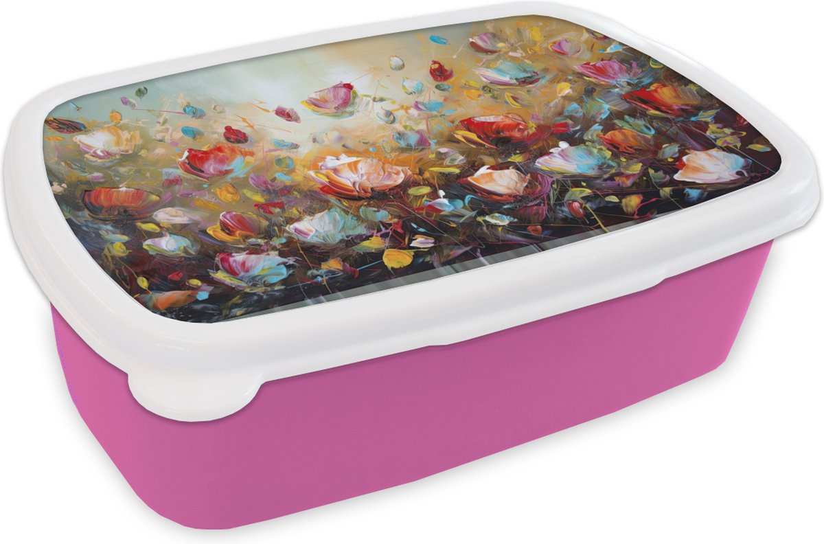 Broodtrommel Roze - Lunchbox Bloemen - Kunst - Natuur - Olieverf - Brooddoos 18x12x6 cm - Brood lunch box - Broodtrommels voor kinderen en volwassenen