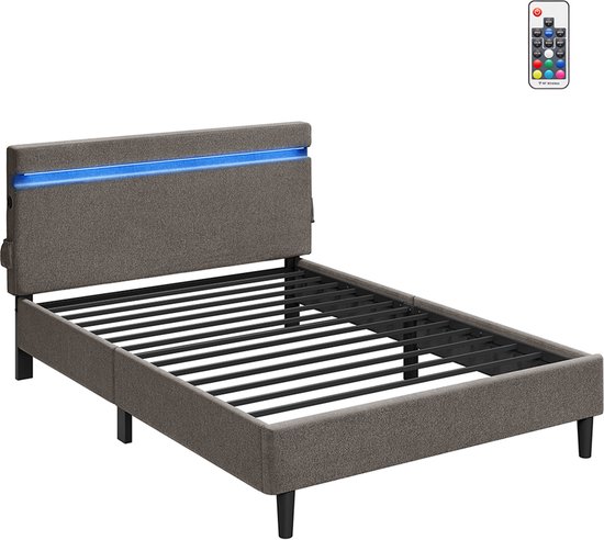 Gestoffeerd Bed, Tweepersoonsbed 140×200 Cm, Opbergbed, Bedframe Met Usb C En Volvlak Lattenbodem Zonder Hoofdbord Katoen Grijs Zonder Matras