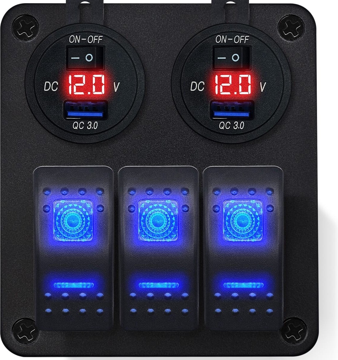 ProRide Schakelpaneel 12V voor Auto/Boot - USB Stopcontact met Schakelaar/Voltmeter - 5V/2.4A - 3 schakelaars - Rood