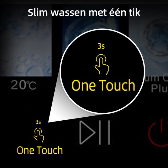 Gros plan de l'écran tactile LED de la machine à laver avec l'option "One Touch" mise en évidence. Une icône d'empreinte digitale et le texte "One Touch" sont proéminents.
