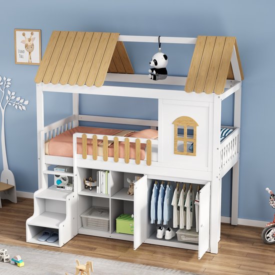 Sweiko Lit enfant, Espace de rangement spacieux, Avec armoire, Fenêtres, Structure en pin, Meuble à chaussures, Escalier de sécurité, lit en bois, main courante robuste, design minimaliste, Wit+ Natural, 90x200cm (Geen de matelas)
