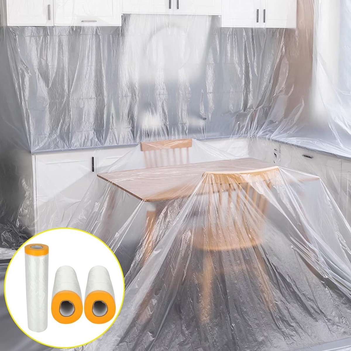 3 rollen afdekfolie met plakband, 270 cm x 20 m, transparante schildersafdekfolie met gouden band, UV-bestendige maskertape voor stofbescherming, zelfklevende schilderfolie voor binnen en buiten van