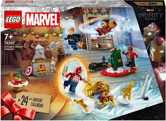 Doos van LEGO Marvel Avengers adventskalender met kersttaferelen, Iron Man en de Infinity Gauntlet.