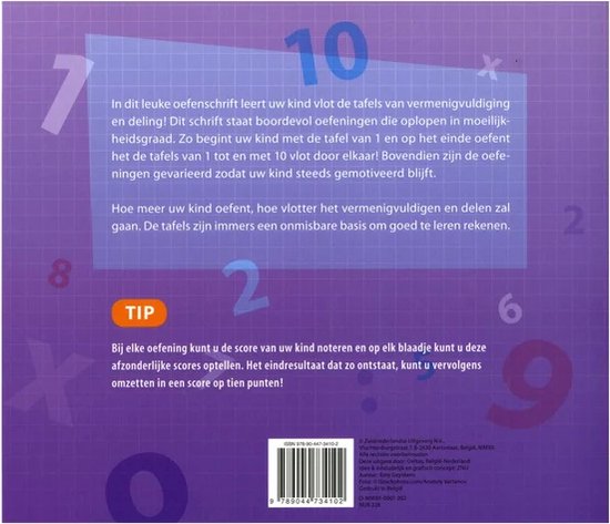 Achterkant van het "Mijn oefenschrift De tafels 7-8 jaar groep 4" boek, met paarse en roze achtergrond en grote getallen.
