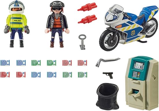Speelgoedonderdelen: geldautomaat, politieagent, motor, figuur, geld, crowbar, pistool, sleutel.