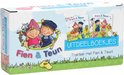 Doos met Fien & Teun uitdeelboekjes, met illustraties van Fien en Teun, een varken en klompen.