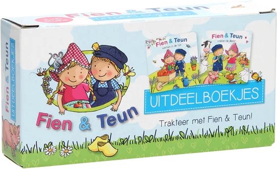 Doos met Fien & Teun uitdeelboekjes, met illustraties van Fien en Teun, een varken en klompen.
