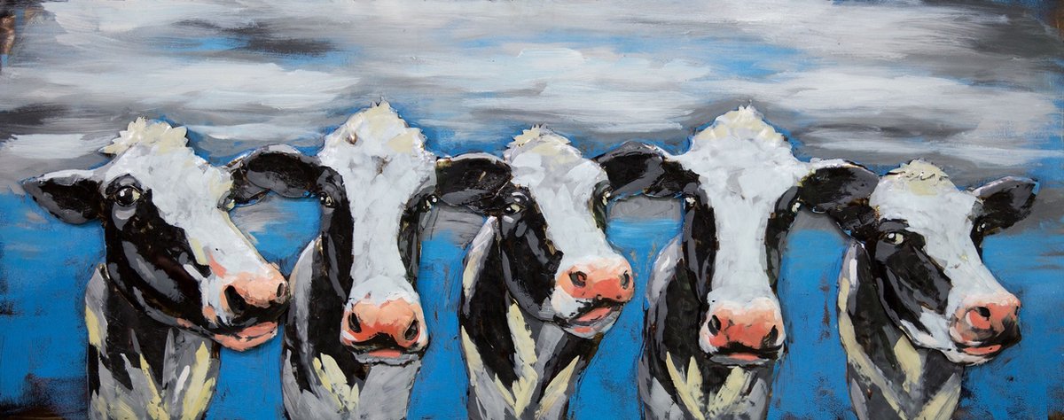karo-art Schilderij - Metaalschilderij - Blije Koeien, 60x150 Multikleur