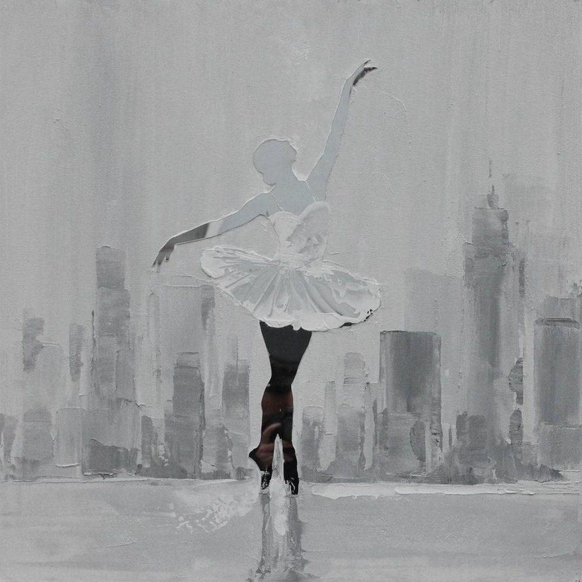 karo-art Schilderij -Handgeschilderd - Ballerina in zwart wit - 100x100cm Multikleur