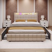 KOMHTOM Lit double 160x200 cm Lit avec tiroirs rechargeable USB Tête de lit et éclairage LED et 4 tiroirs Lits rangement Beige