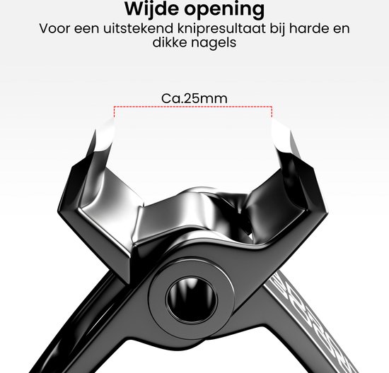 Close-up van de brede opening (ca. 25mm) van een zwarte nagelknipper, ideaal voor dikke nagels.