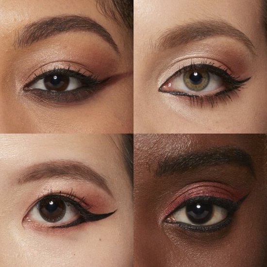 Close-up van vier ogen, elk met een andere winged eyeliner look en oogschaduw.