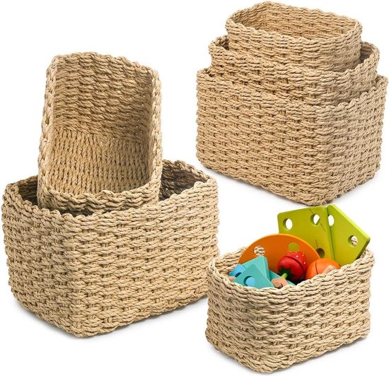 Set van 6 Geweven Opbergmanden van Papieren Touw - Opbergdozen voor Accessoires Make-up Kleine Huishoudelijke Artikelen - Beige wicker basket