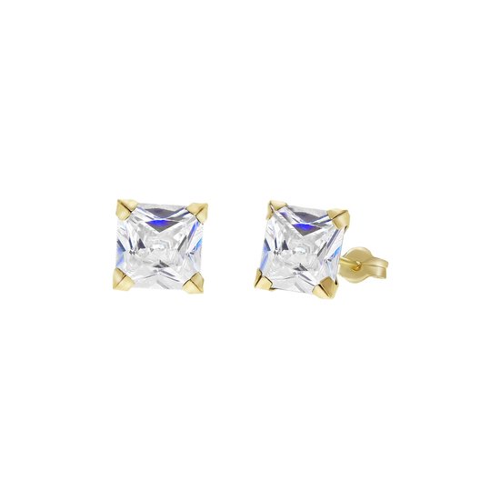 Twee vierkante oorstekers met zirkonia en gouden accenten.
