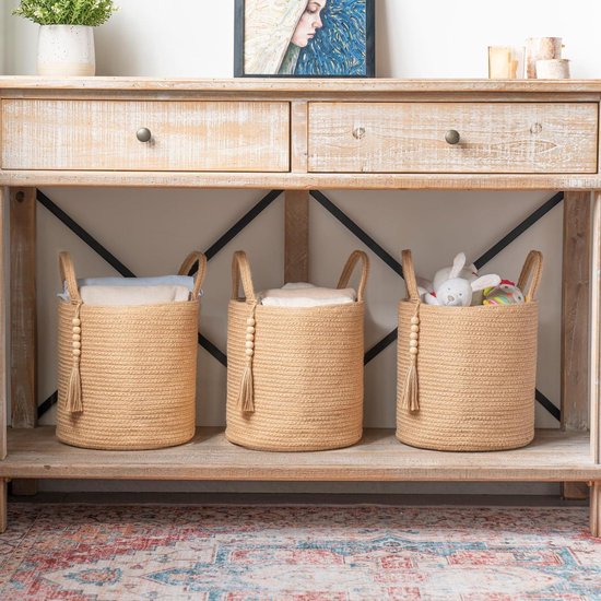 Mkono Geweven opbergmand, decoratieve touwmand, houten kralendecoratie voor dekens, speelgoed, kleding, schoenen, plantenorganisatorbak met handgrepen, woonkamerdecoratie, 28 cm B x 28 cm L, wit en