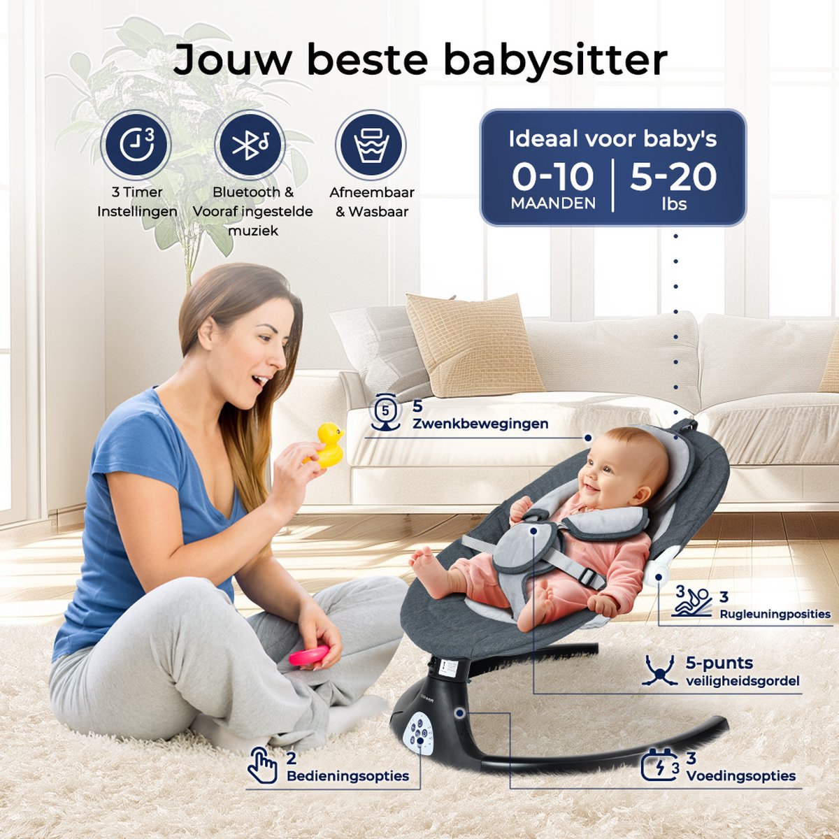 Elektrische Wipstoel - met Timer Afstandsbediening Bluetoothmusic - 5 Zwenksnelheden en 3 Zitposities - Babyschommel - Donkergrijs thumbnail 2