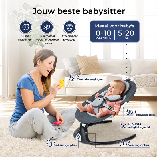 Elektrische Wipstoel - met Timer Afstandsbediening Bluetoothmusic - 5 Zwenksnelheden en 3 Zitposities - Babyschommel - Donkergrijs
