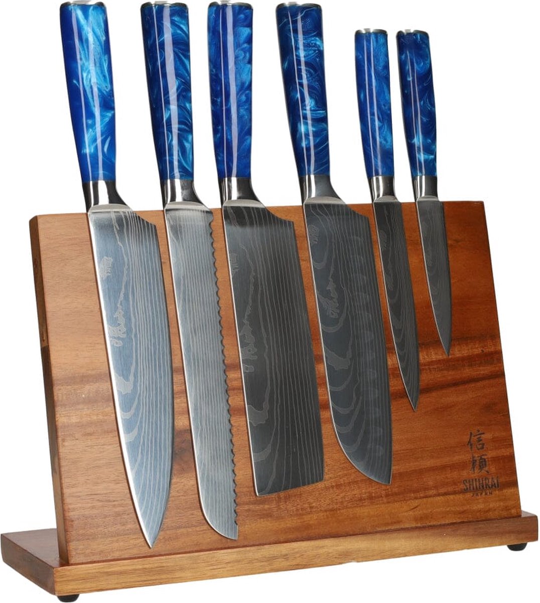 Epoxy Sapphire Damascus Print 6-Delige Messenset + Acacia houder enkelzijdig