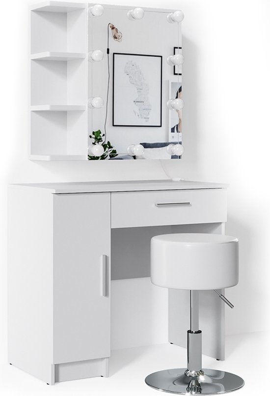 Vicco Kaptafel set met kruk Ruben, Wit, met ladeblok, LED-verlichting