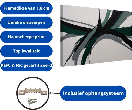Canvas print met groene en zwarte abstracte lijnen op een witte achtergrond. Details: 1,8 cm frame, uniek design, scherpe print, hoge kwaliteit, FSC gecertificeerd, inclusief ophangsysteem.