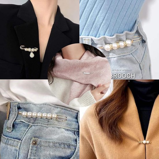 Dames dragen parelbroches op blazers, sjaals, jeans en jassen.
