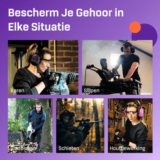 Vijf afbeeldingen van mensen die Vanderfields oorkappen dragen tijdens het boren, slijpen, bladblazen, schieten en houtbewerken.