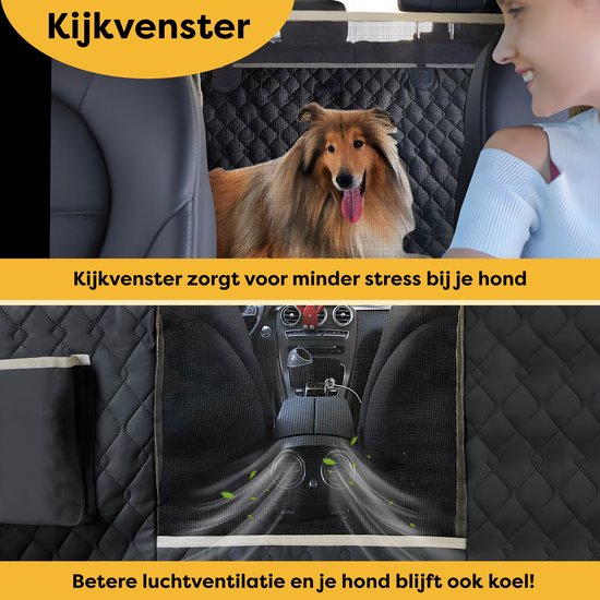 Zwarte hondendeken met kijkvenster, tonen een hond en een vrouw in de auto, met focus op ventilatie.