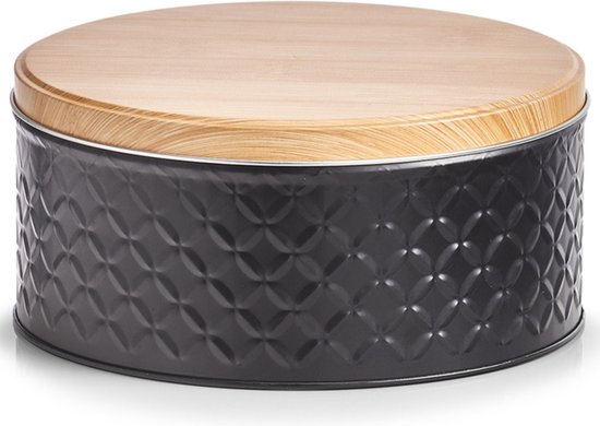 Zwarte ronde bewaartrommel met ruitpatroon en houten deksel.