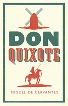 Boekomslag van Don Quixote met een rode windmolen en een ruiter te paard, met de tekst 'DON QUIXOTE MIGUEL DE CERVANTES'.