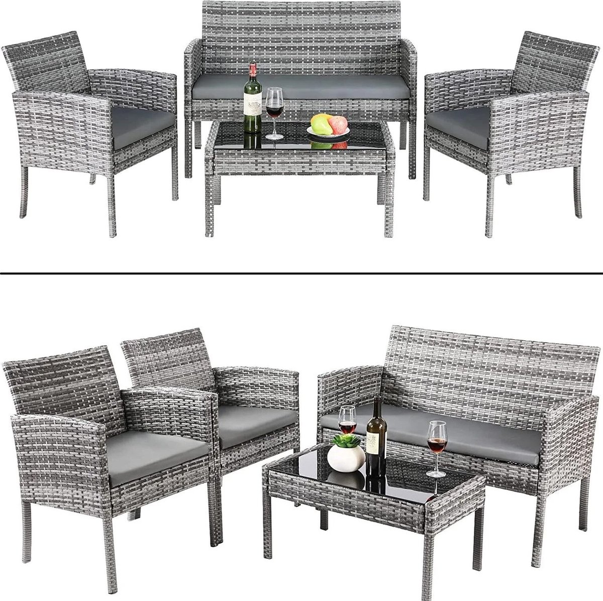 Tuin Set - Tuinmeubelen - Buiten Tuin - 2x Lounge Stoelen + Salontafel + Tuinbank - Met Kussen Voor Patio Terras Zwembad Achtertuin