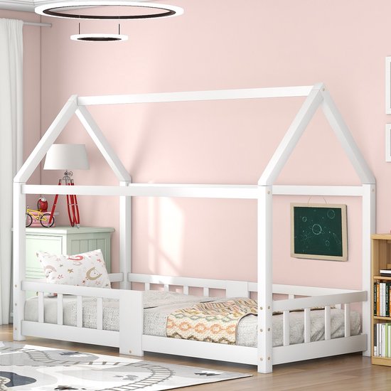 KOMHTOM Lit enfant Lit cabane 90x200 cm Protection antichute en bois de pin Wit