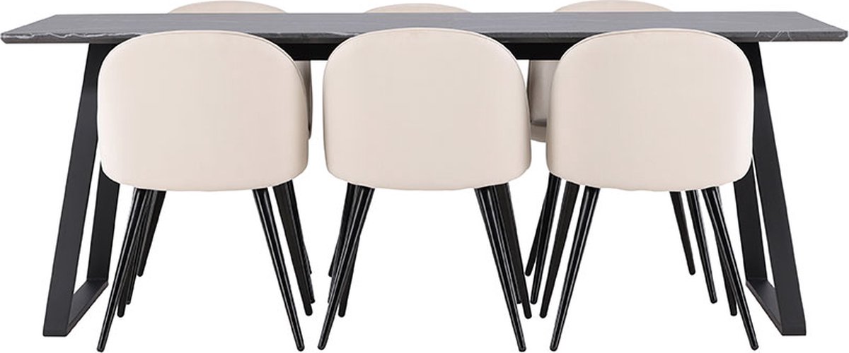 Malaga eethoek eetkamertafel 90x200cm donkergrijs en 6 Skagen stoel velours beige.