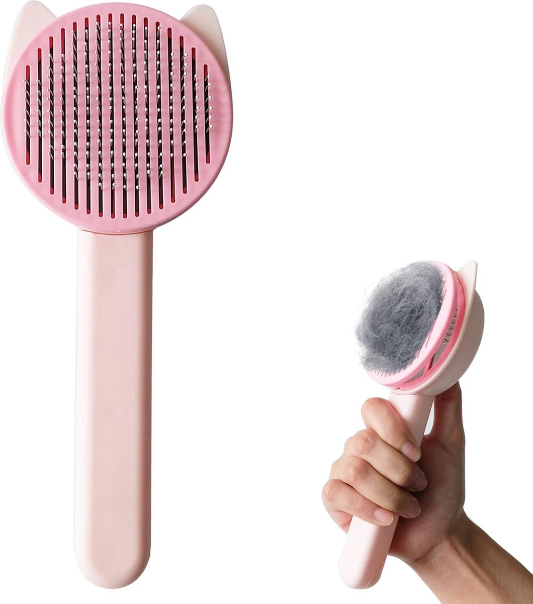 Huisdierenborstels, haarverwijderaar, huisdierborstel, kattenkam met handgreep, met zelfreinigende knop, voor het verwijderen van drijvende katten en honden met verschillende haarlengtes