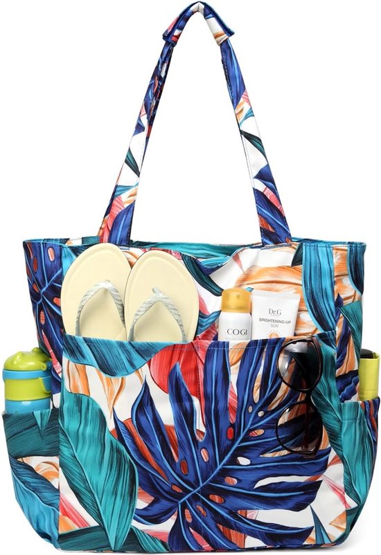 Kasgo Strandtas, waterbestendig, zandbestendig, grote rits, strandtas, opvouwbare zomerzwemtas voor dames, schouder, zwembadtassen voor reizen, winkelen, picknick, sportschool, kamperen, Bloemen, L
