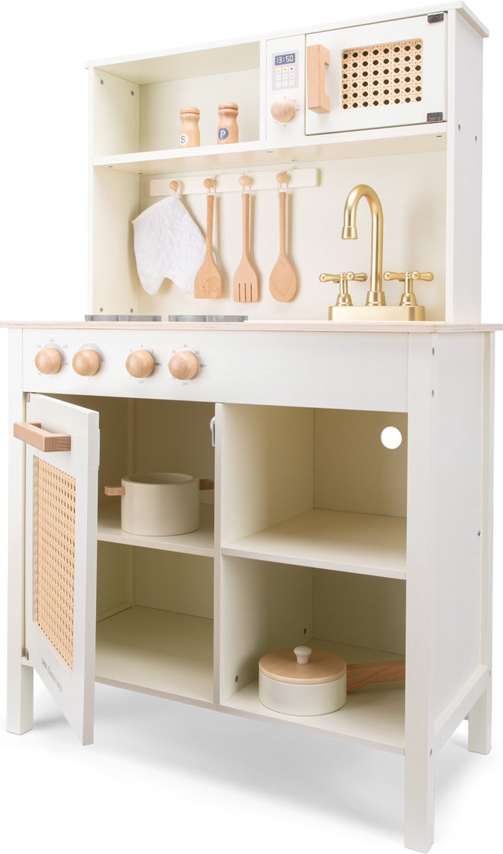 Woet® Houten Speelgoed Kinderkeuken - Speelkeukentje met Rotan Details en Gouden Kraan - Speelkeuken Gebroken Wit met Diverse Accessoires - Werkbladhoogte 55 cm - Rollenspel - Vanaf 3 Jaar — afbeelding 9