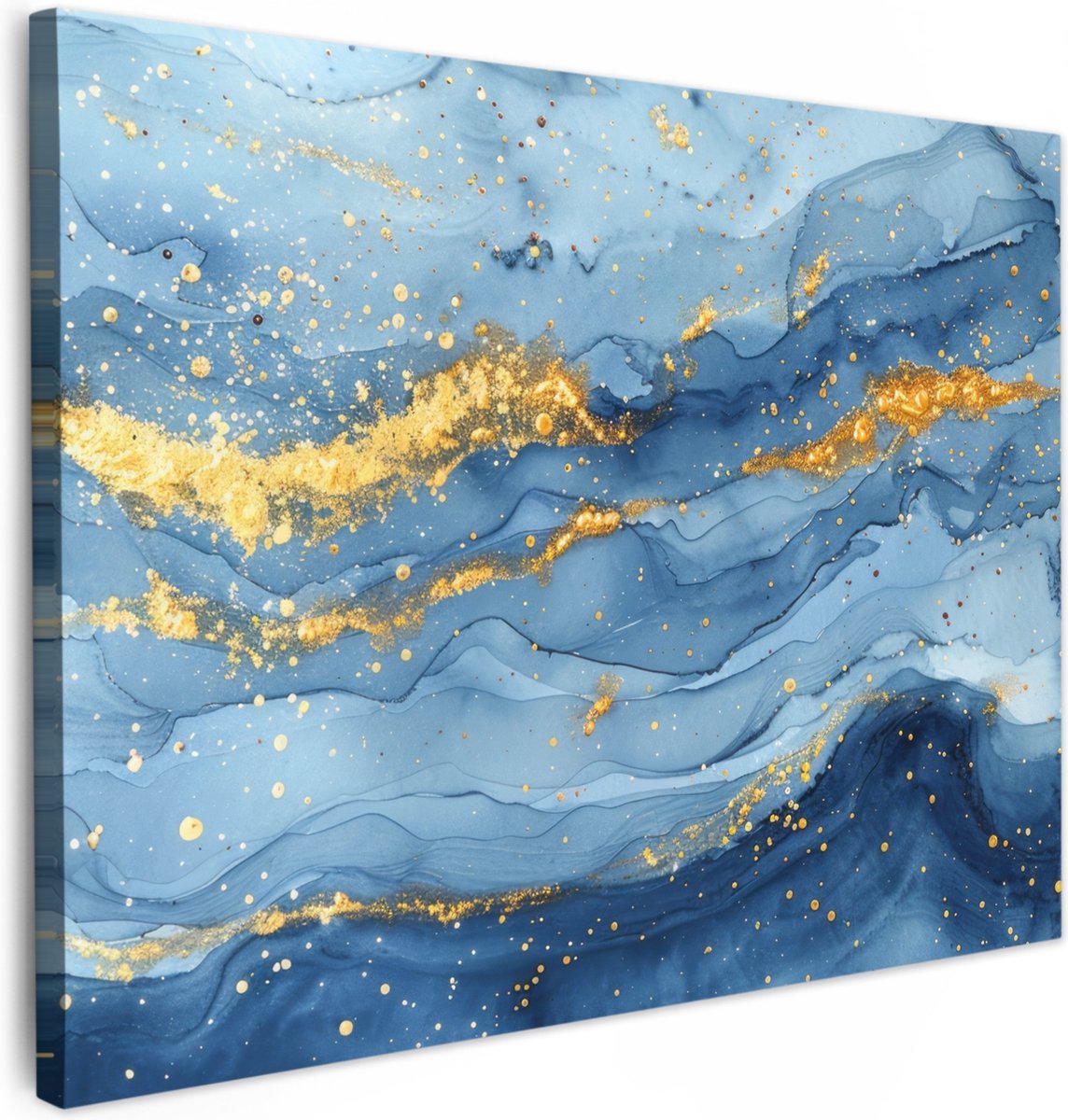Canvas schilderij 70x50 cm - Wanddecoratie badkamer Watercolor - Blauw - Kunst - Goud - Lu