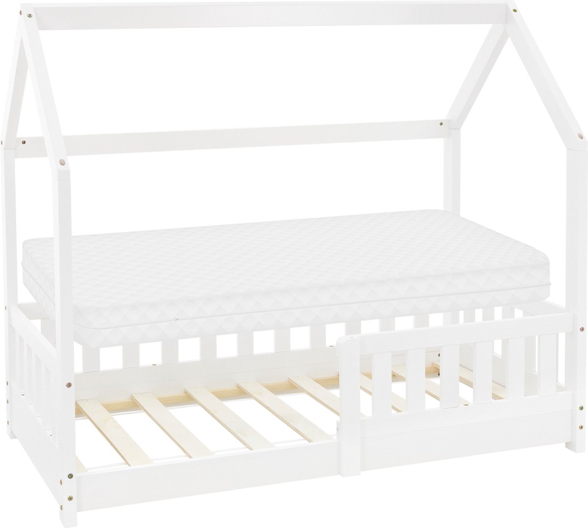 ml-design huisbed serie kinderbed 70x140 cm wit met dak lattenbodem en koudschuim matras massief grenenhout stabiel houten speelbed voor meisjes en jongens kinderhuis junior bed met valbeveiliging vloerbed in huis design voor kinderkamer