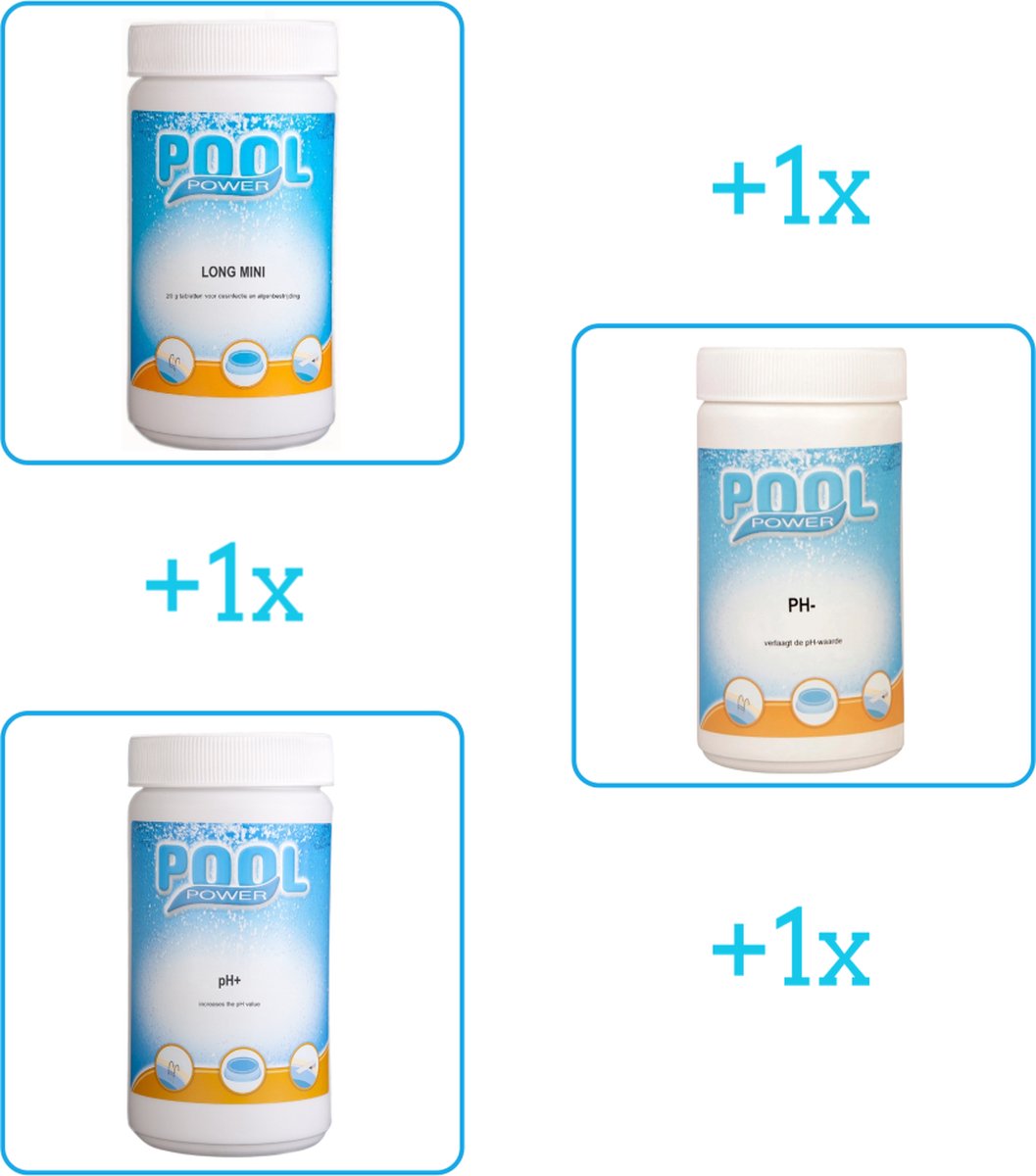Pool Power Zwembad Onderhoudsbundel Zwembad Onderhoud Starterspakket bevat Chloor PH-min en PH-plus Ideaal voor Opzetzwembaden (3-delig)