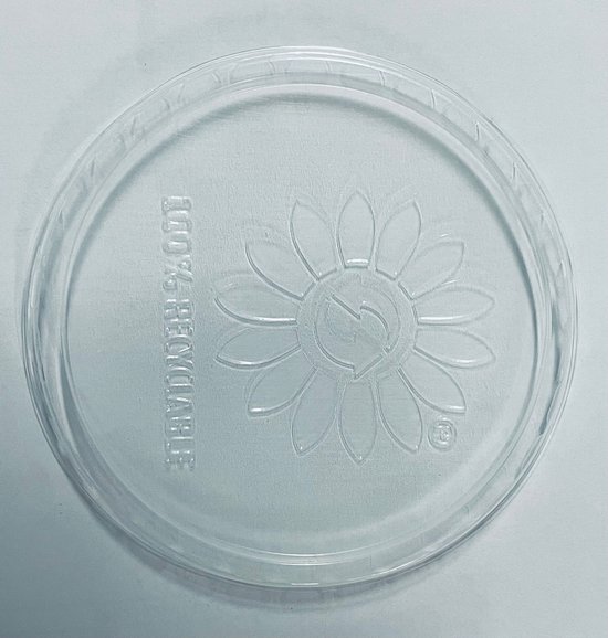 Plat deksel met bloem- en recycle-logo, tekst '100% RECYCLABLE'.