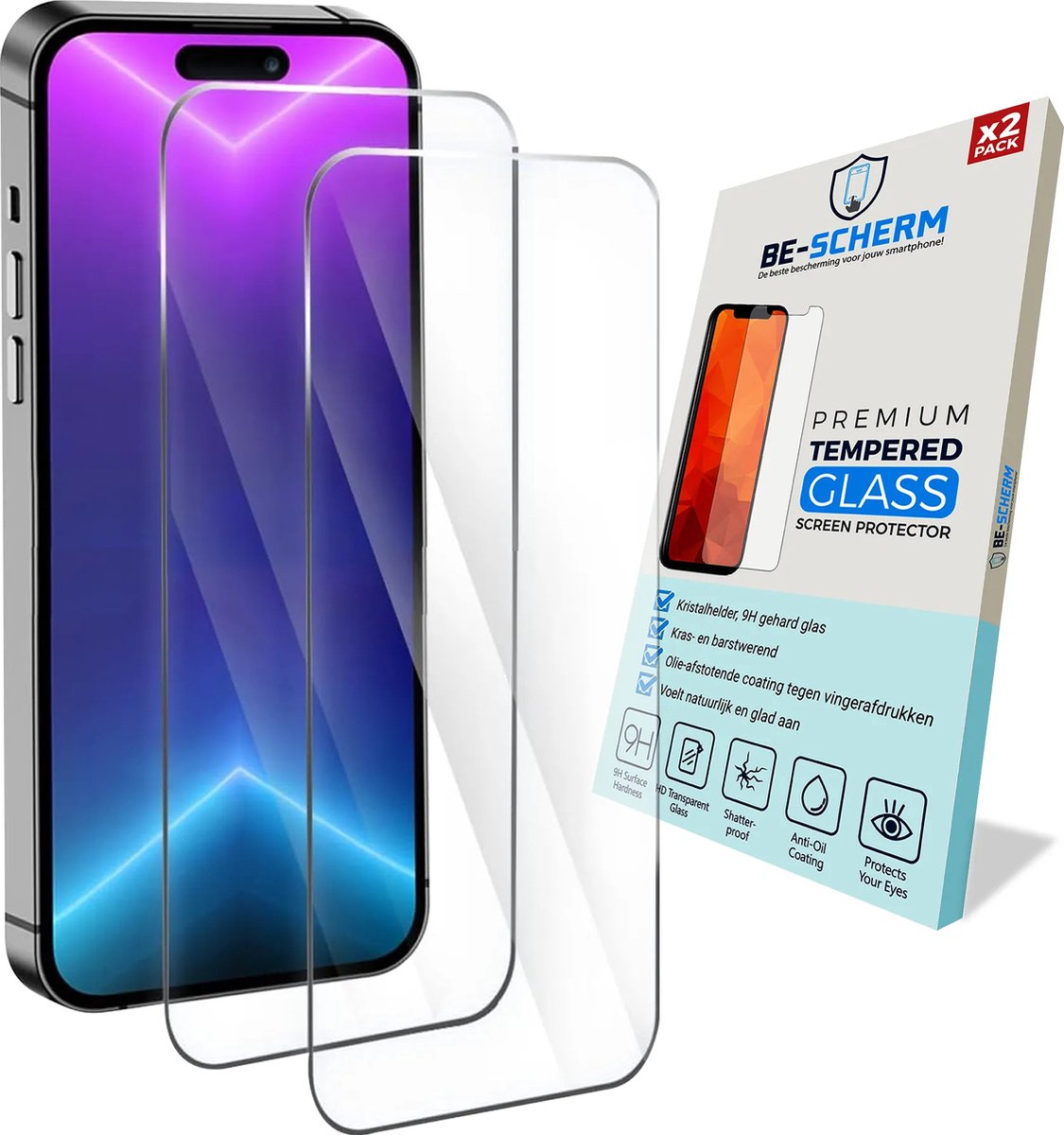 Be-Scherm Screenprotector Glas voor iPhone 14 Pro - Case Friendly Screenprotectors - Past met Hoesje - Set van 2