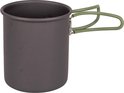 Grijze aluminium mok met groen opklapbaar handvat.